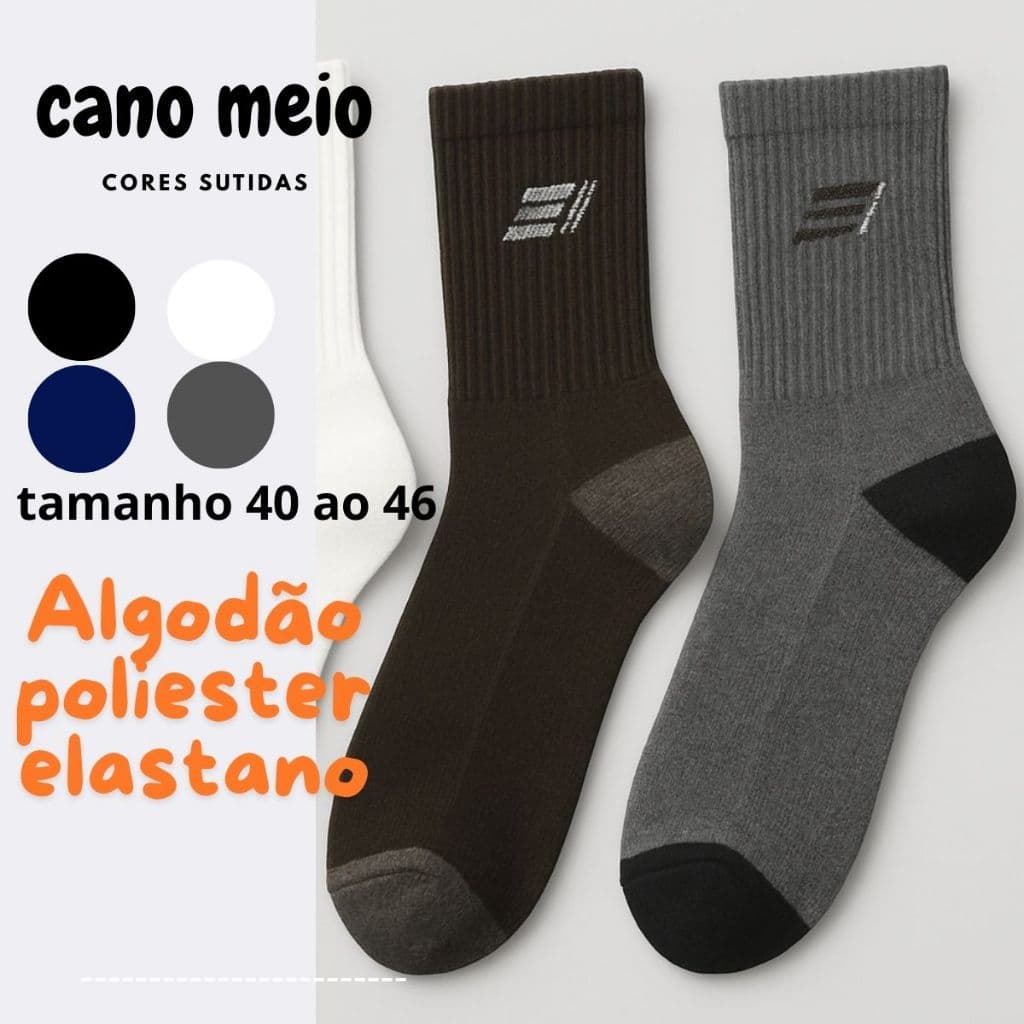 “Kit 3/6/12 Pares Meia Cano Médio Masculina Algodão 75% Poliéster Elastano Tamanho 40-46”
