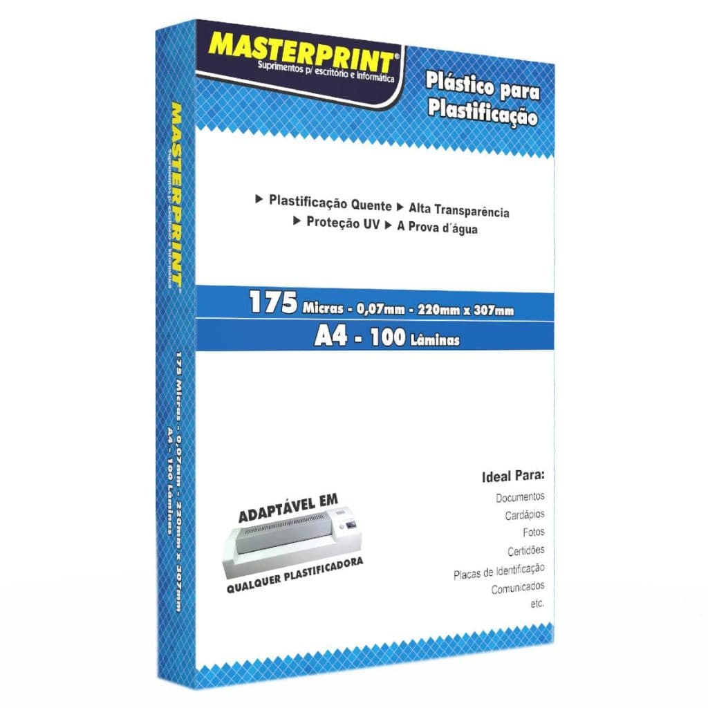PLASTICO PARA PLASTIFICAÇÃO A4 CAIXA C/100 175 MICRAS (0,07mm 220mmX307mm)