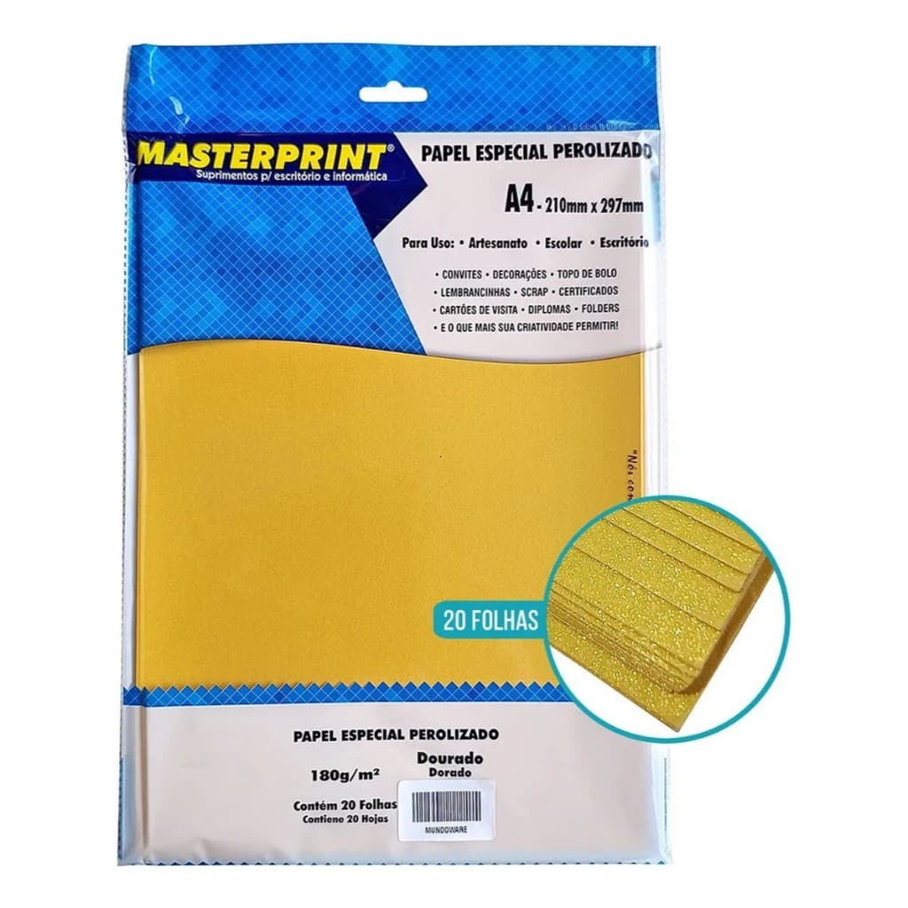 PAPEL PEROLIZADO DOURADO PREMIUM A4 CERTIFICADO 20 FOLHAS (210mm297mm)  180g/m²