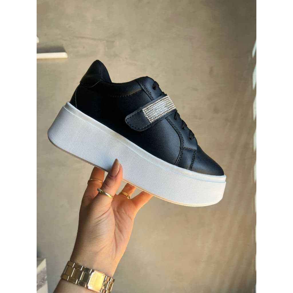 Tênis Feminino Casual Preto Plataforma Sola Alta com Tira de Strass Removível Original Conforto