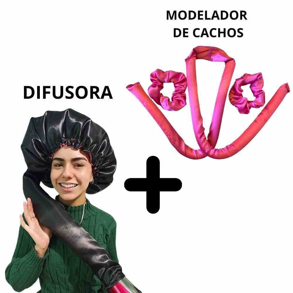 KIT DIFUSORA PARA SECAR OS CABELOS E MODELADOR DE CACHOS DE CETIM SEM CALOR COM 2 XUXINHAS NO KIT.