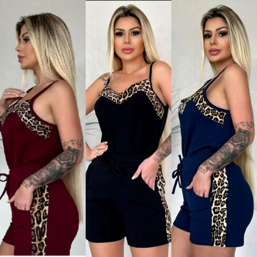 Conjunto Feminino kit- Short + Blusa Malha Crepe-Verão com Alcinha e Detalhes Onças