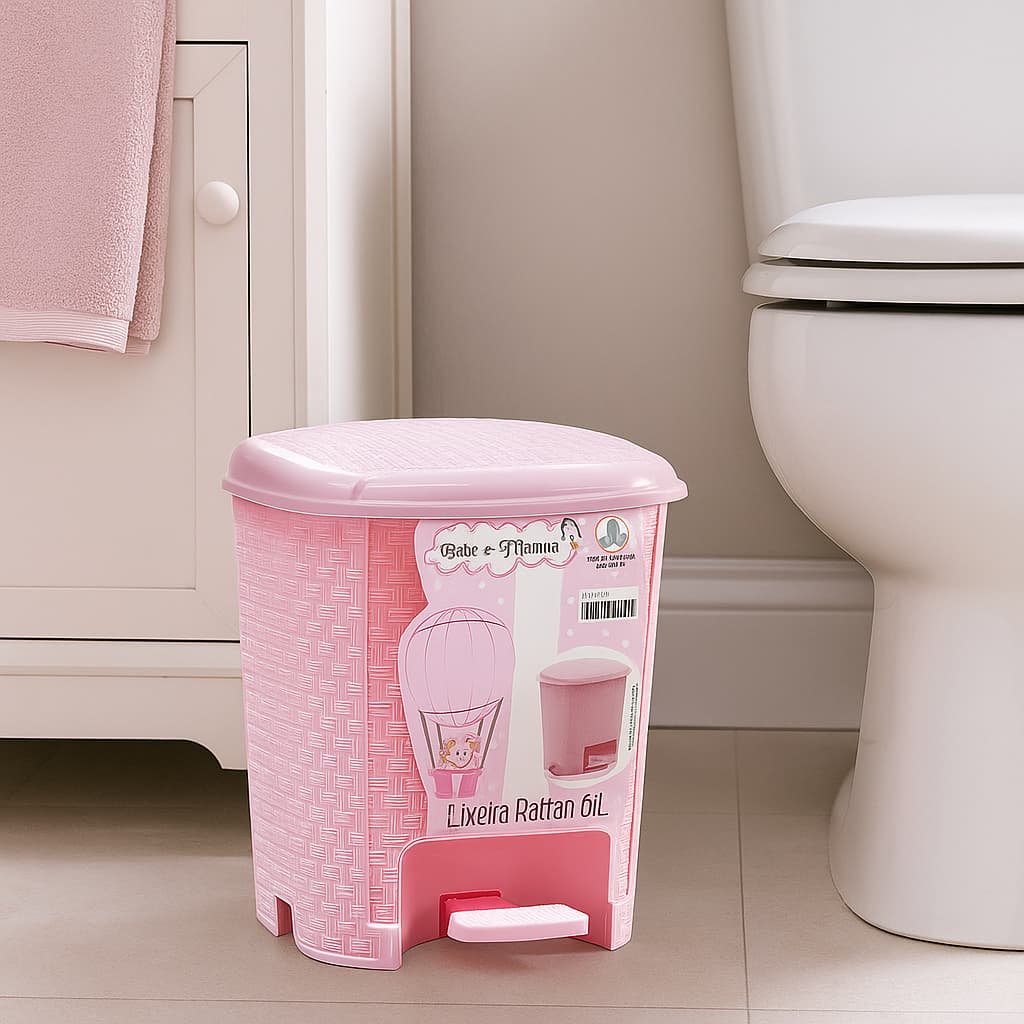 Lixeira Rattan Bebê e Mamãe 6 Litros Cor Rosa Monte Líbano