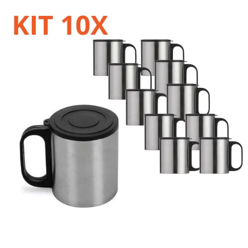 Kit 10 Mini Canecas inox C/ Tampa De Plástico 180ml Café