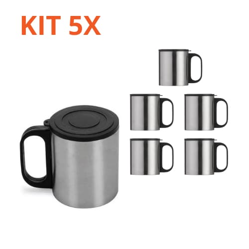 Kit 5 Mini Canecas Inox pequena C/ Tampa De Plástico 180ml Café escritório
