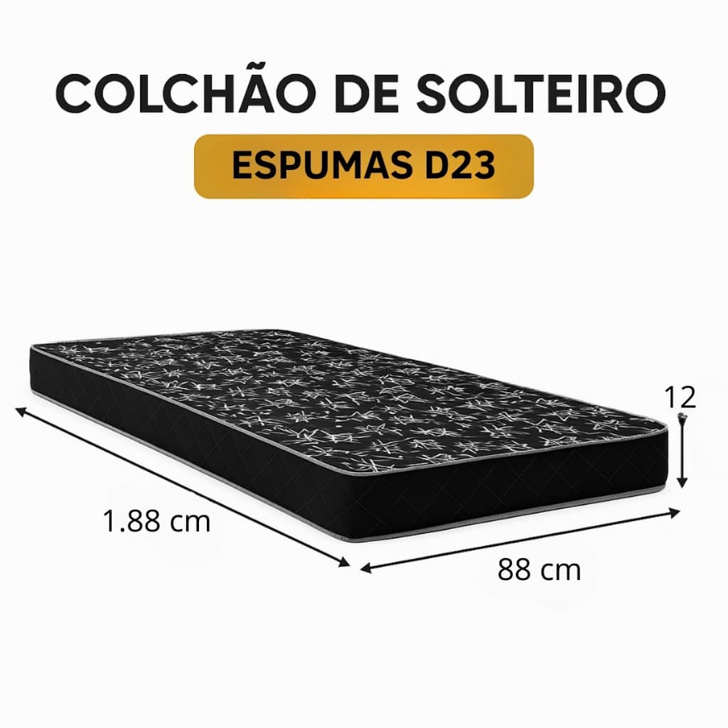 Colchão Solteiro 88 Espumas D23 Conforto P/Dormir Tampo Preto 1,88 x 88 x 12 cm