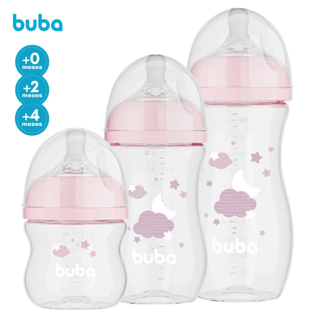 Kit 3 Mamadeiras Buba Menina Anticólica Bico Silicone Mcio  Easy Flow Nuvem Rosa 120/270/330 mL
