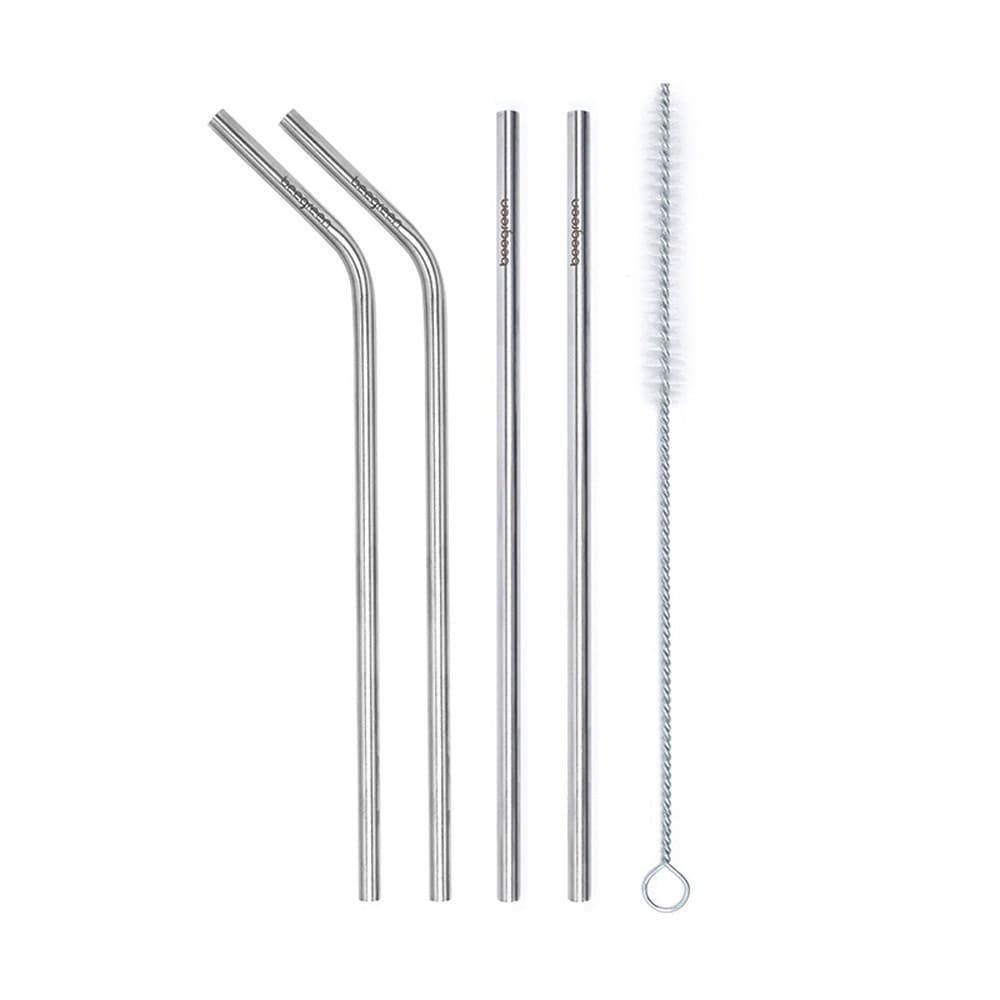 KIT CANUDO INOX 5PÇS Canudo Reto e Curvado e Escova de Limpeza