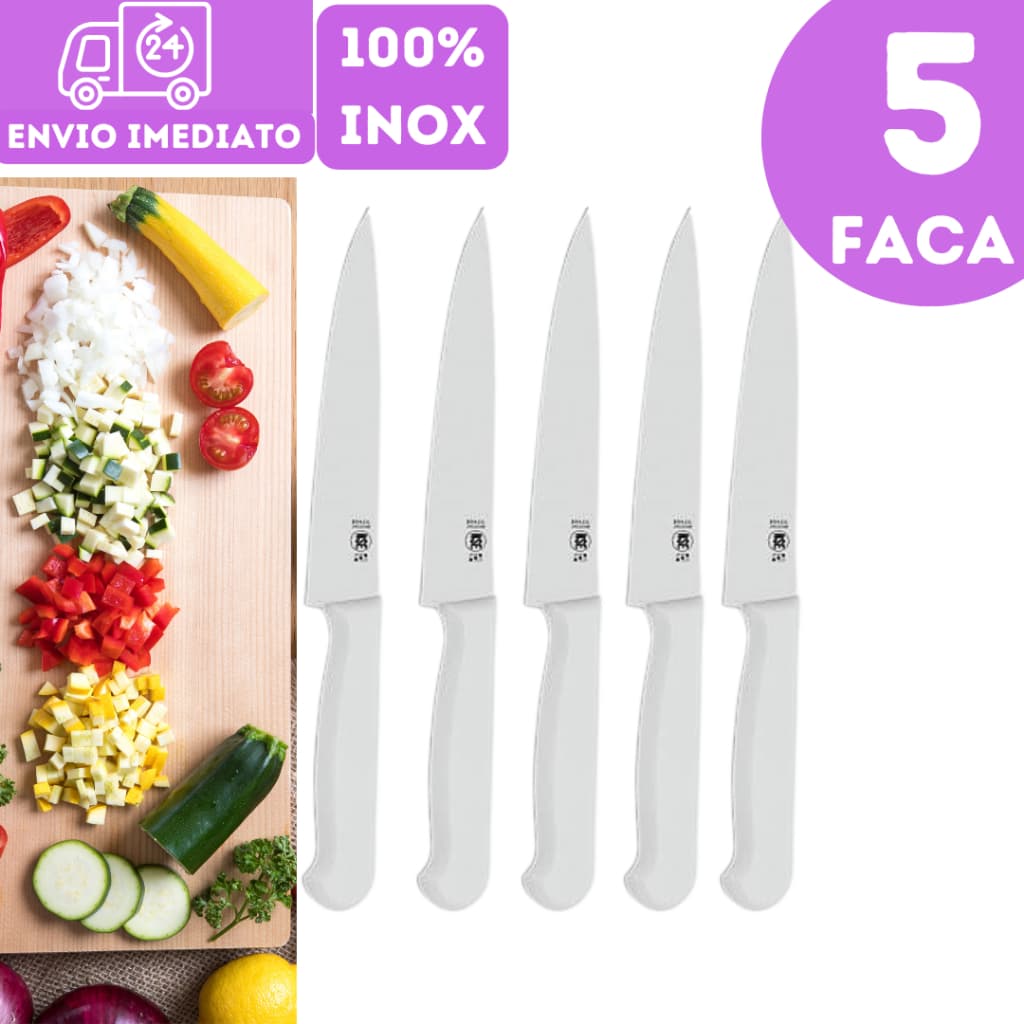 Kit 5 Faca Carne de Cozinha Churrasco Corte Afiado Cabo Ergonomico Lamina Aço Inox