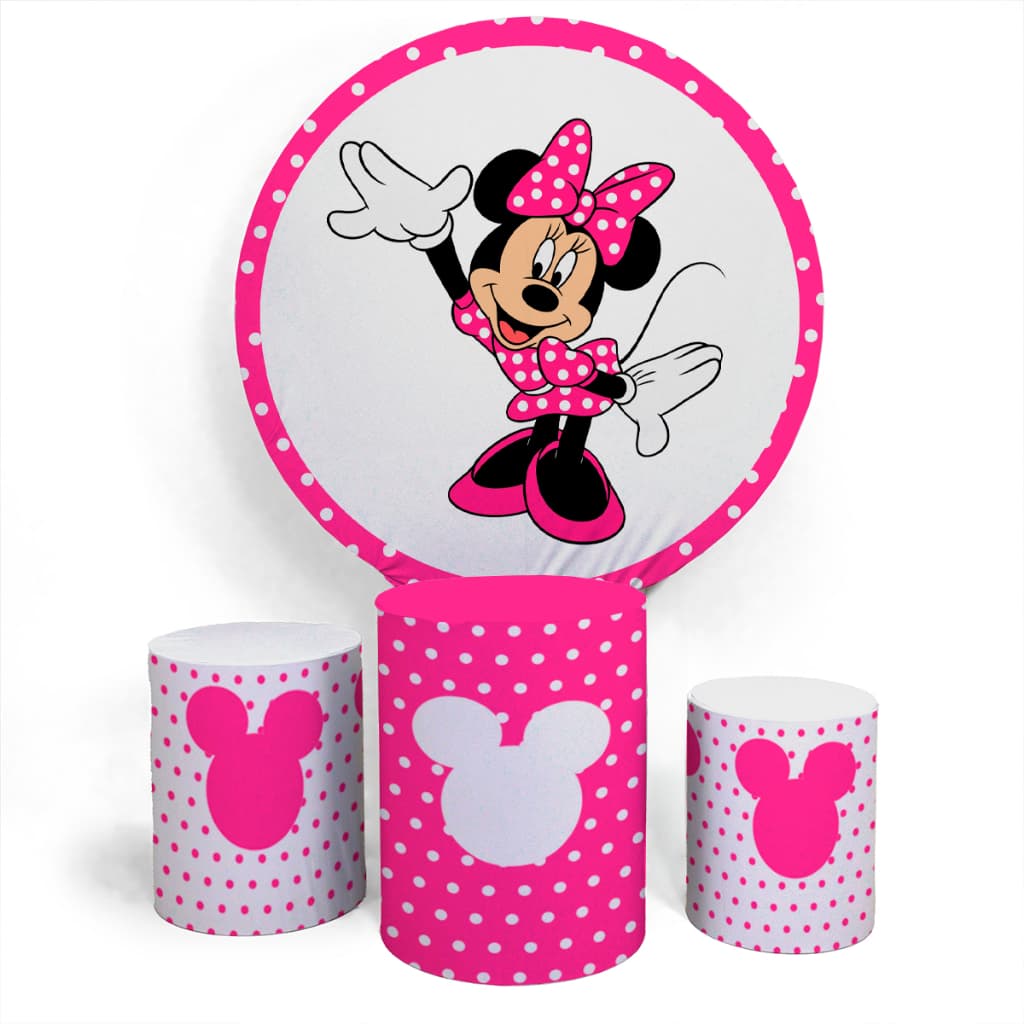 Kit Painel Evento Decorativo Minnie Mouse Mickey Mouse Divertido Painel Redondo + Trio Completo Alta Qualidade Premium
