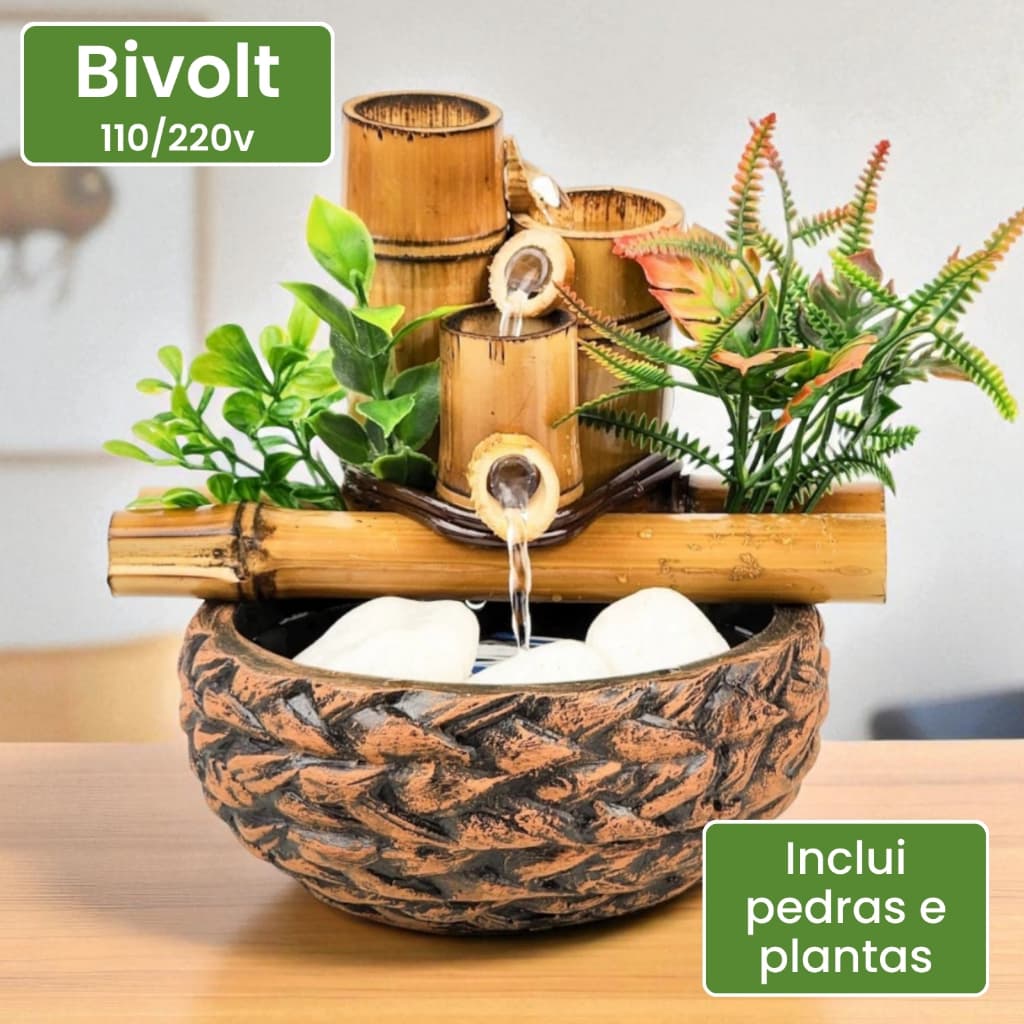 Fonte De Agua Decorativa Chafariz Sizal Cascata Quedas Bica Bambu Zen