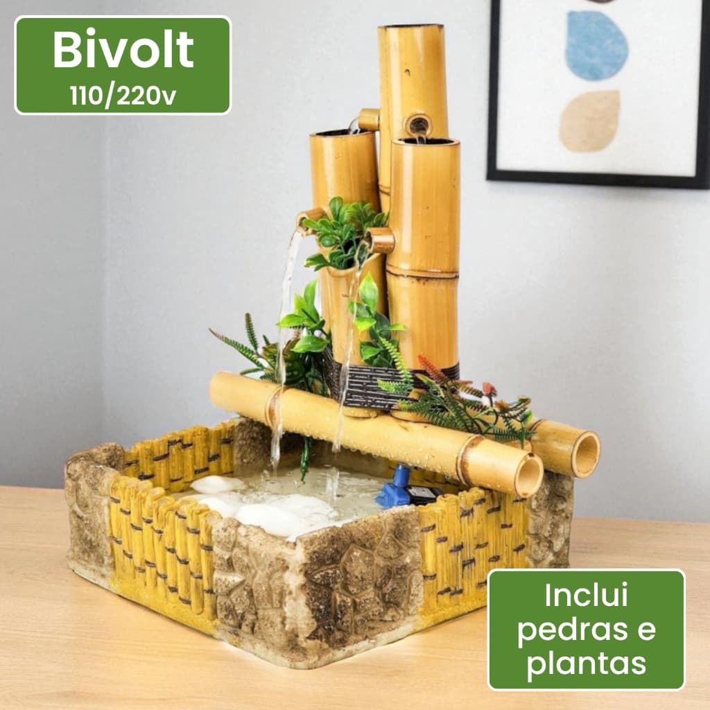 Fonte De Agua Decorativa Chafariz Cascata 4 Quedas Bica Bambu Zen 35cm