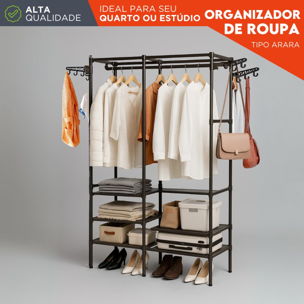 Guarda Roupa Arara Portátil Organizador de Roupas C/ Prateleiras e Divisórias Estrutura Reforçada AV