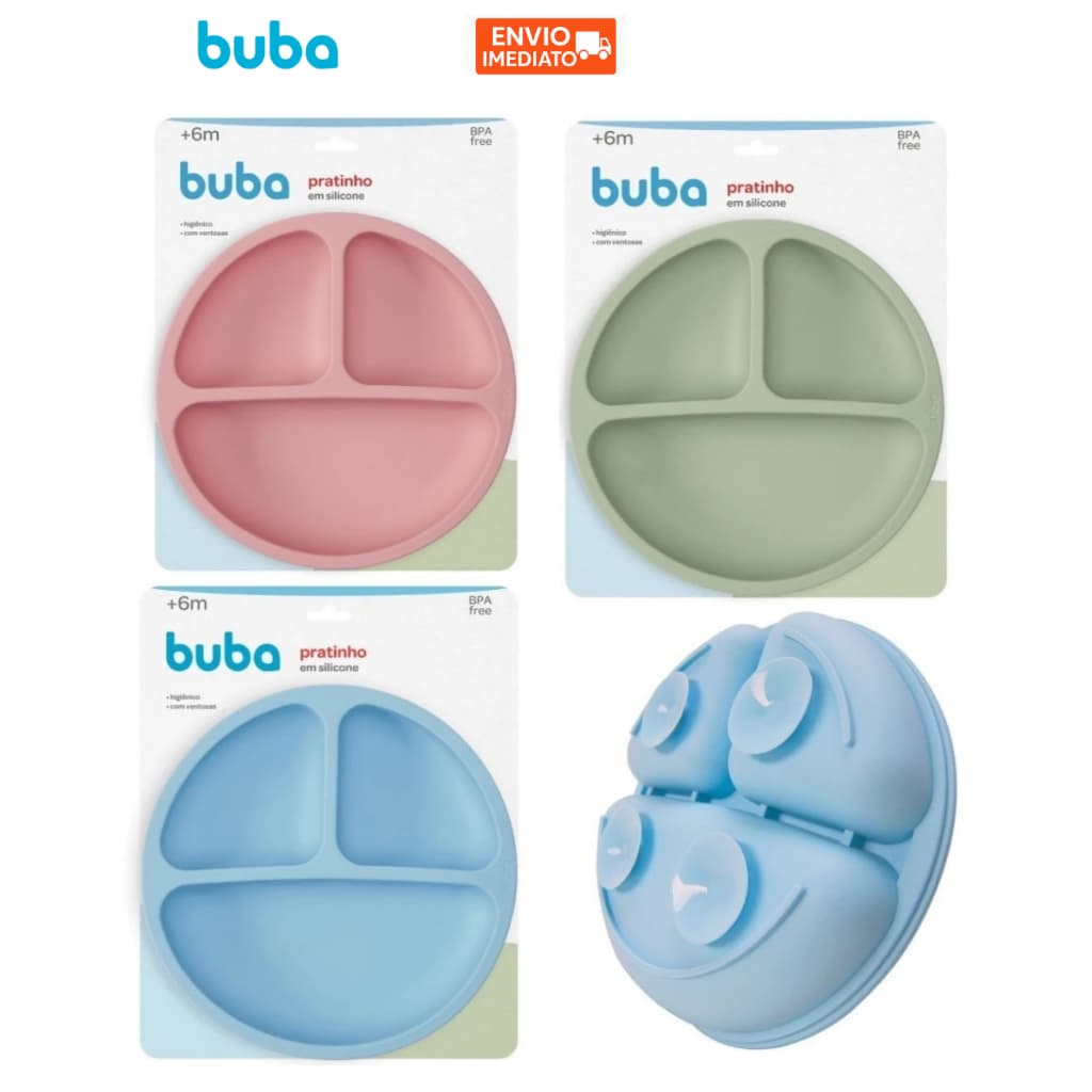 Prato Infantil Buba de Silicone Infantil Com Ventosa Alimentacao Bebe Pratinho Azul Verde Rosa