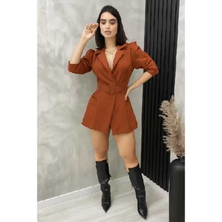Blazer Macacão Feminino com Short/Tecido Alfaiataria com Botões Transparentes/ocultos vem com cinto