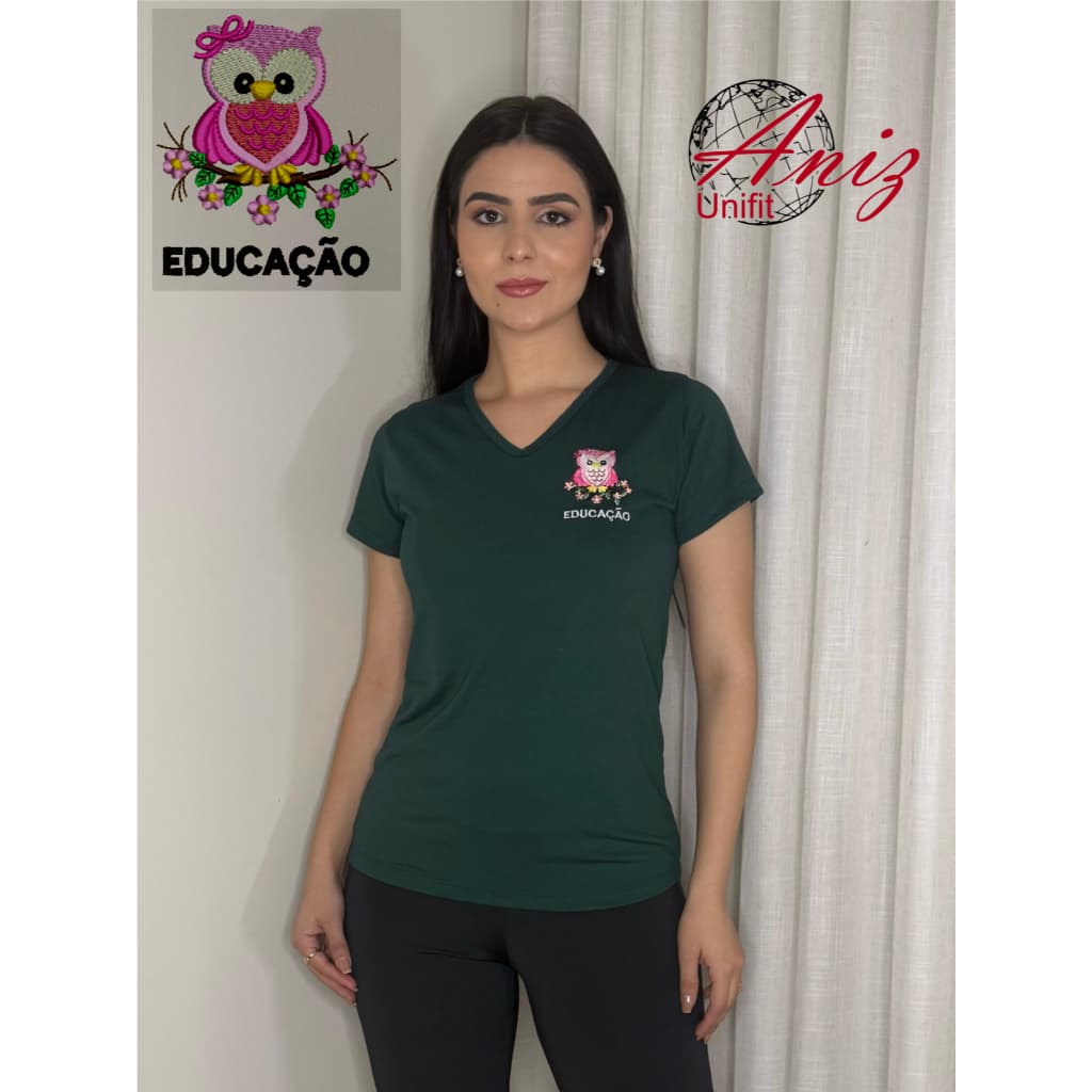 Camiseta  Blusa Feminina Educação Bordado Coruja Uniforme Escolar