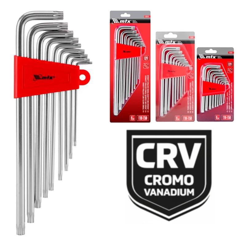 Jogo de Chaves Torx (CrV Cromo Vanádio) Extra Longa | Longa | Curta de T10 a T50 9 Pçs Com Furo