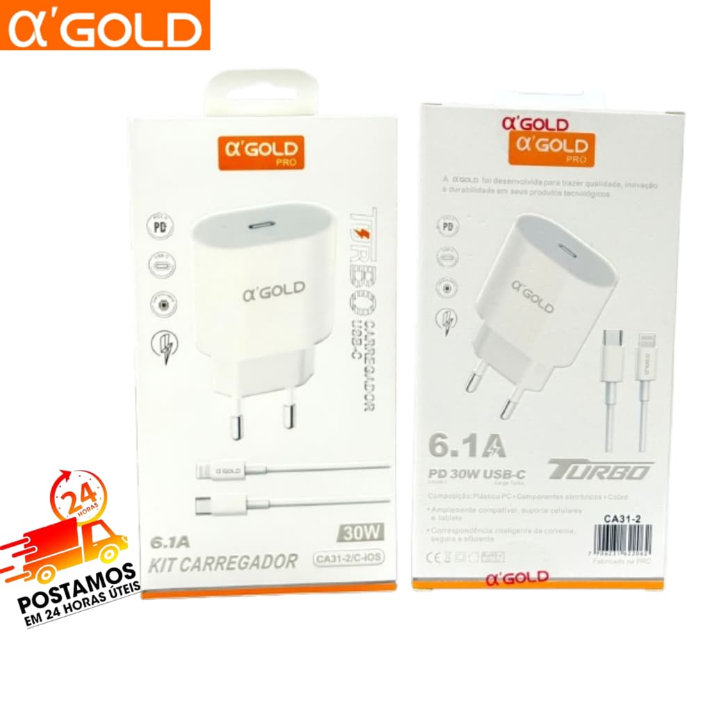 Carregador Fonte Carga Rápida 30W Original H'Maston/Agold - Iphone + Cabo Lightning USB-C CB17/CB23