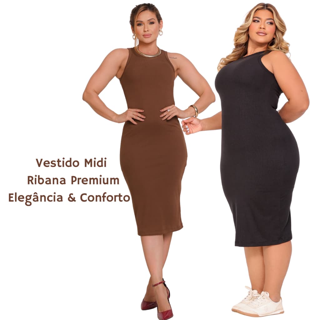 Vestido Regata Midi  Ribana Canelada Premium Vestido Plus Size Virtido Mid  Dia a Dia Confortável