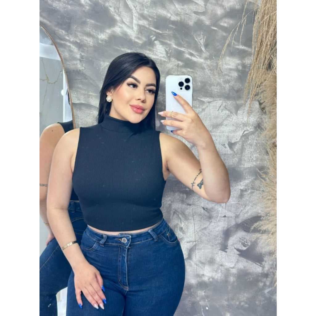 Cropped Gola Alta Feminino Regata Canelado Top Roupa Moda