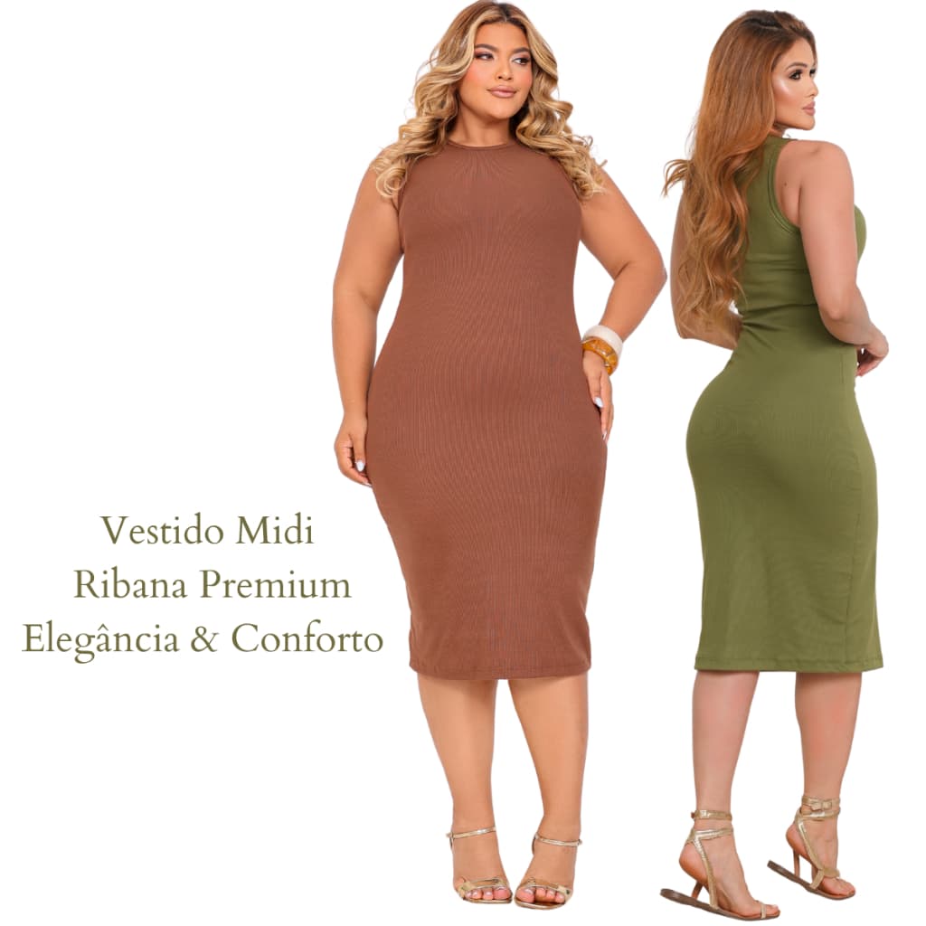 Vestido Midi Plus Size Regata Ribana Canelada Premium Vestido Gestante Elegante Confortável
