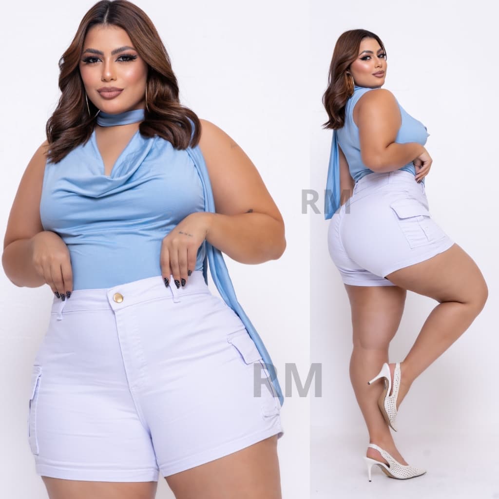 SHORTS JEANS FEMININO CARGO PLUS SIZE COM LYCRA