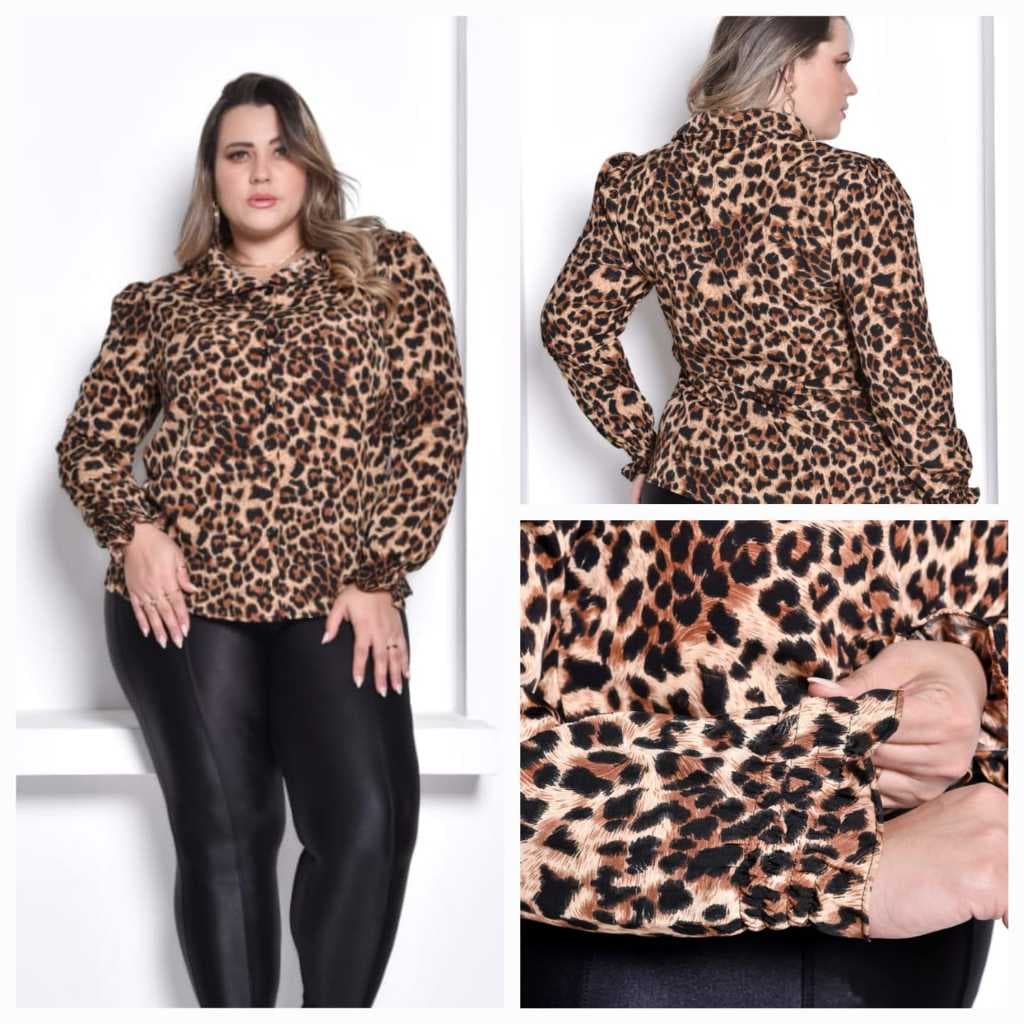Camisa Feminina Plus Size Manga Longa de Oncinha Animal
