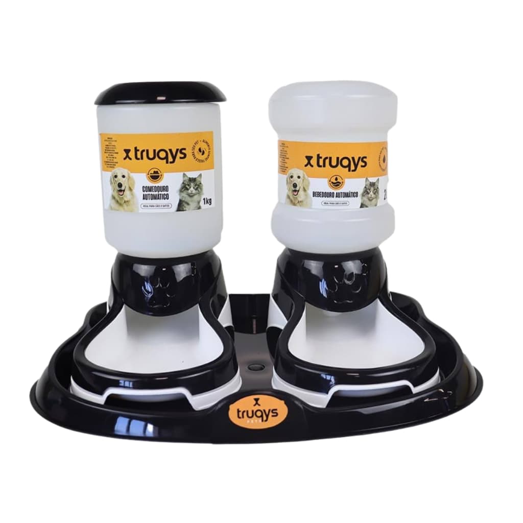 Kit Comedouro E Bebedouro Automático Truqys Pet Bandeja Cor Preto