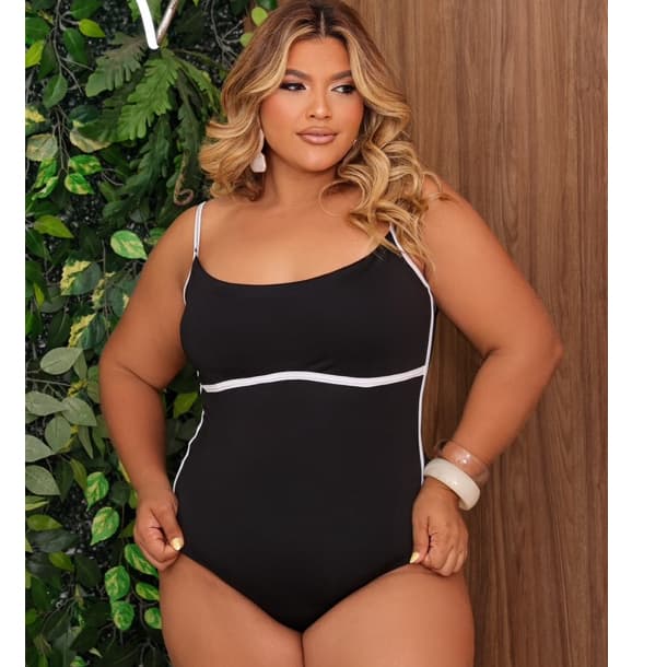 Body Plus Size  Feminino Grande  Maiô Modelador Preto com Detalhe Branco – Conforto, Estilo e Perfeita Modelagem