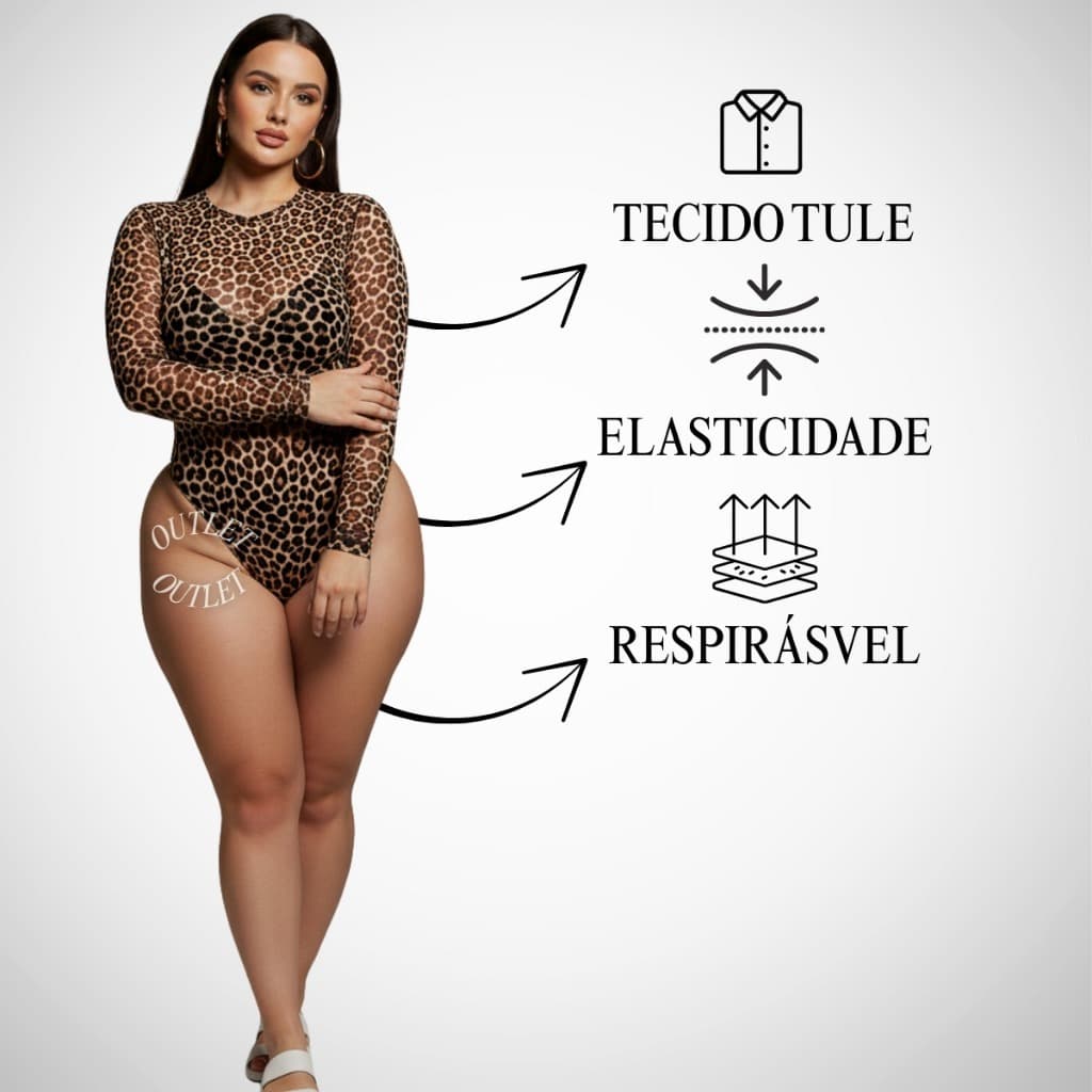 Body Tule Manga Longa Onça Oncinha Transparente Animal Print- Bia