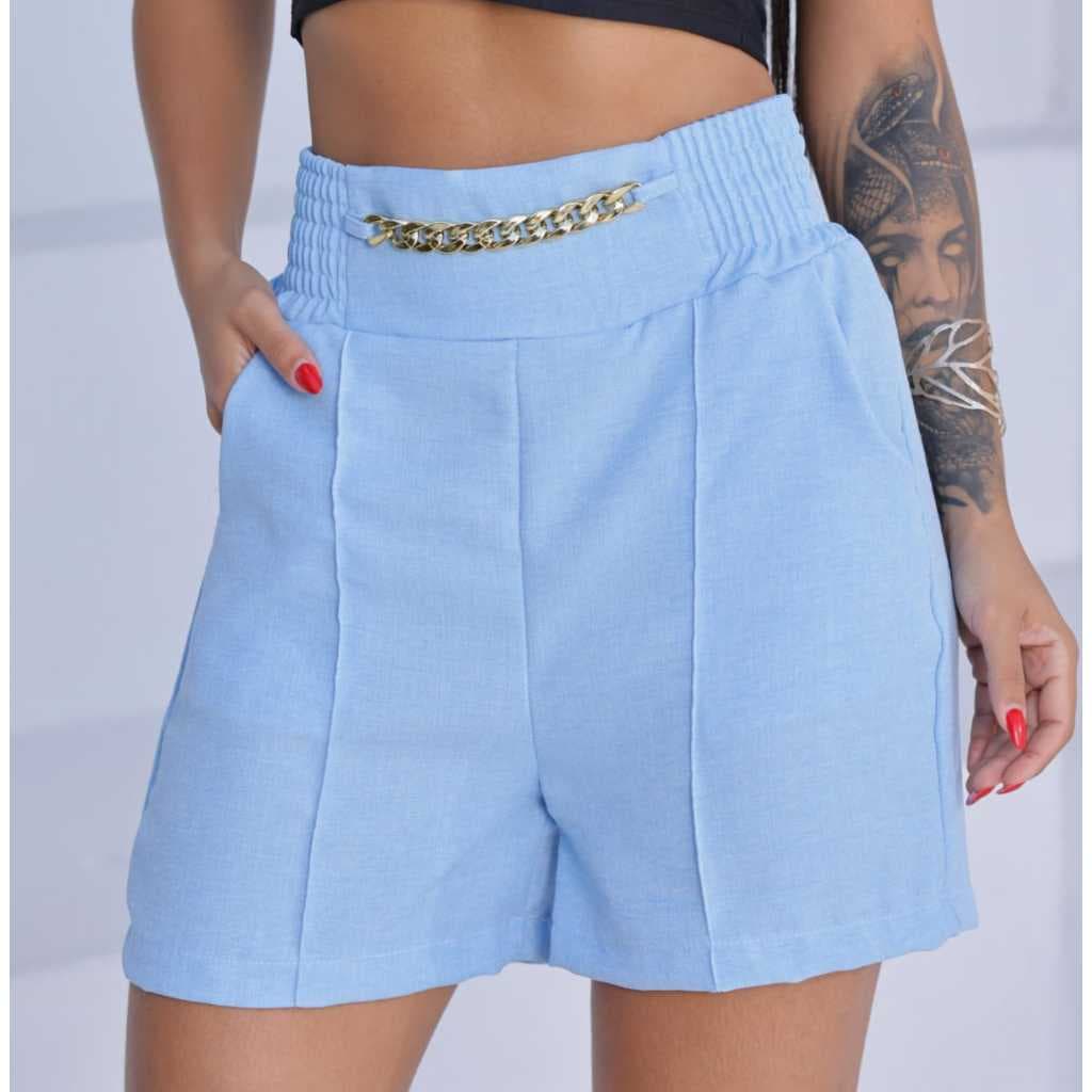 Short Linho linhão Cintura Alta com Elástico, Corrente Metálica e Bolsos funcional Tamanhos P.M.G. GG