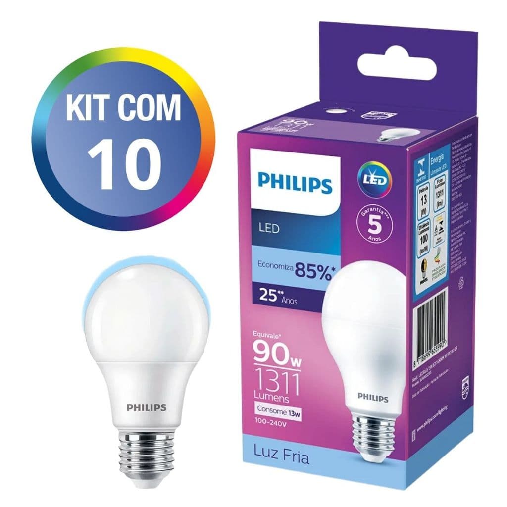 Kit 10 Lampadas Bulbo Led Philips 9W bivolt Luz BR Fria 6500K E27 Kit com 10 Un