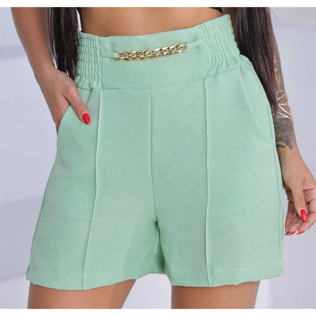 Short Linho Cintura Alta com Elástico, Corrente Metálica e Bolsos funcional Tamanhos P.M.G. GG