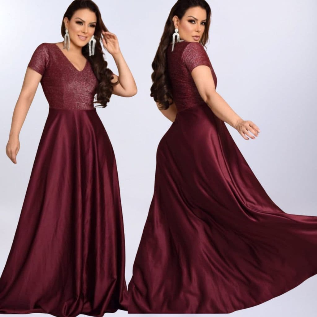 vestido longo godê festa casamento madrinha com peito de lurex e saia de crepe acetinado