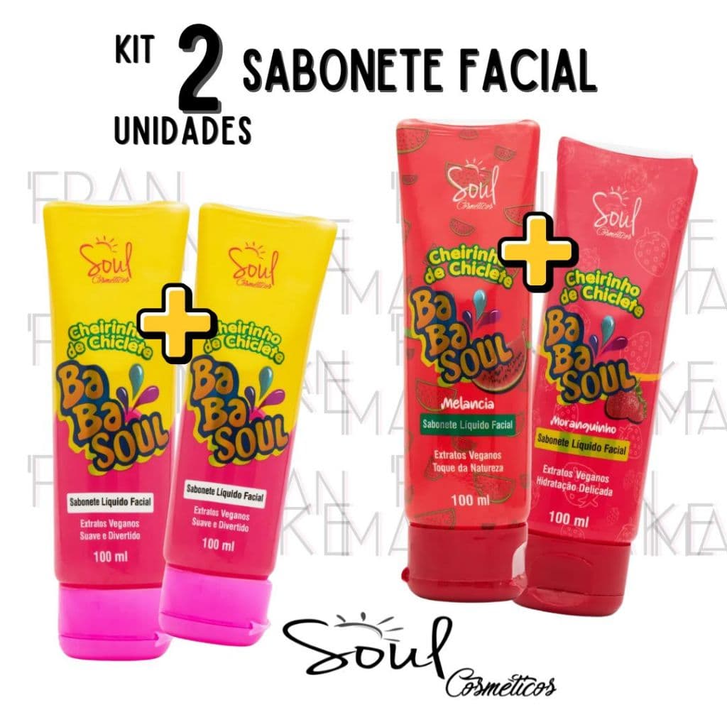 Kit 2 Sabonetes Líquido Facial BabaSoul Cosméticos 100ml Cheirinho Chiclete Morango Tutti Frutti