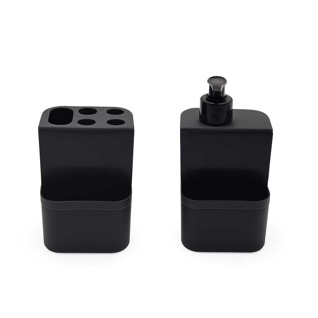 Kit Dispenser Sabonete (líquido) + Porta Escovas na cor preta - 500ml