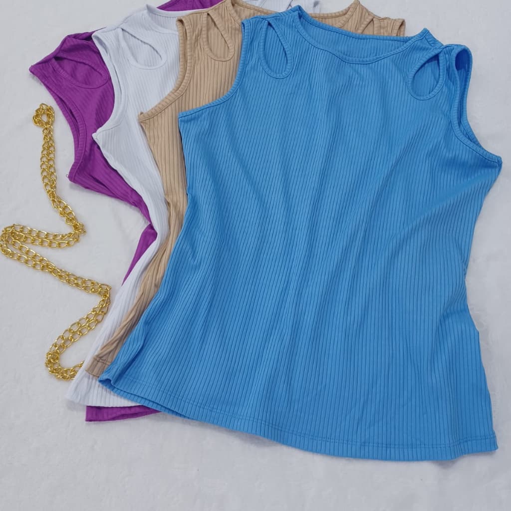 Blusa Feminina Plus Size Curve Regata Básica Detalhe Ombro Estilosa Moda Evangelica Regatinha Canelada