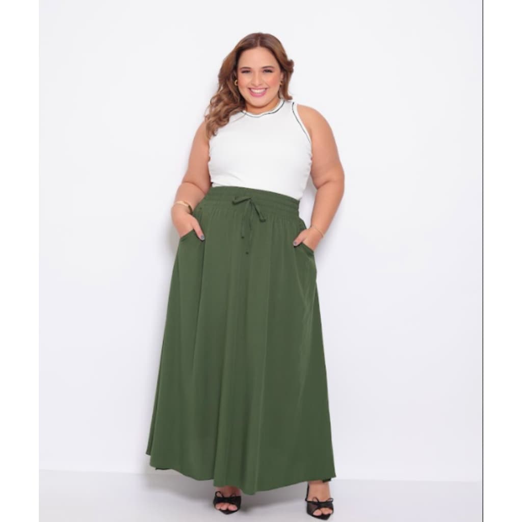 Saia Longa Plus Size Viscolinho Premium Cintura Alta com Bolsos e Fendas Nas Laterais Moda Evangélica