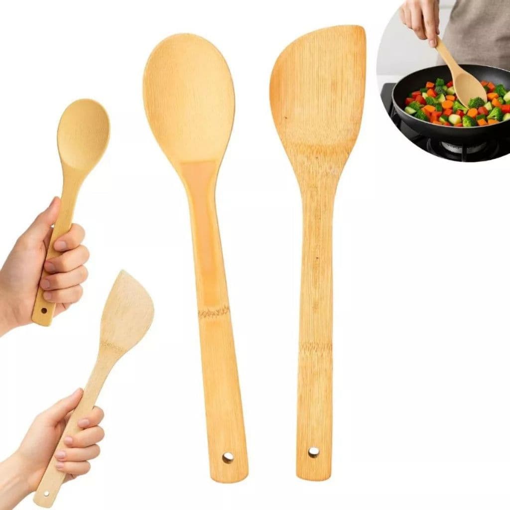Kit 2 Colher & Espátula 30cm Grande Bambu Utensilio Cozinha Natural Resistente