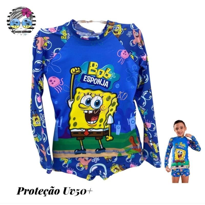 Sunga Infantil e Blusa com Proteção Solar Uv50+ Personagem Bob Esponja Ajuste na Cintura