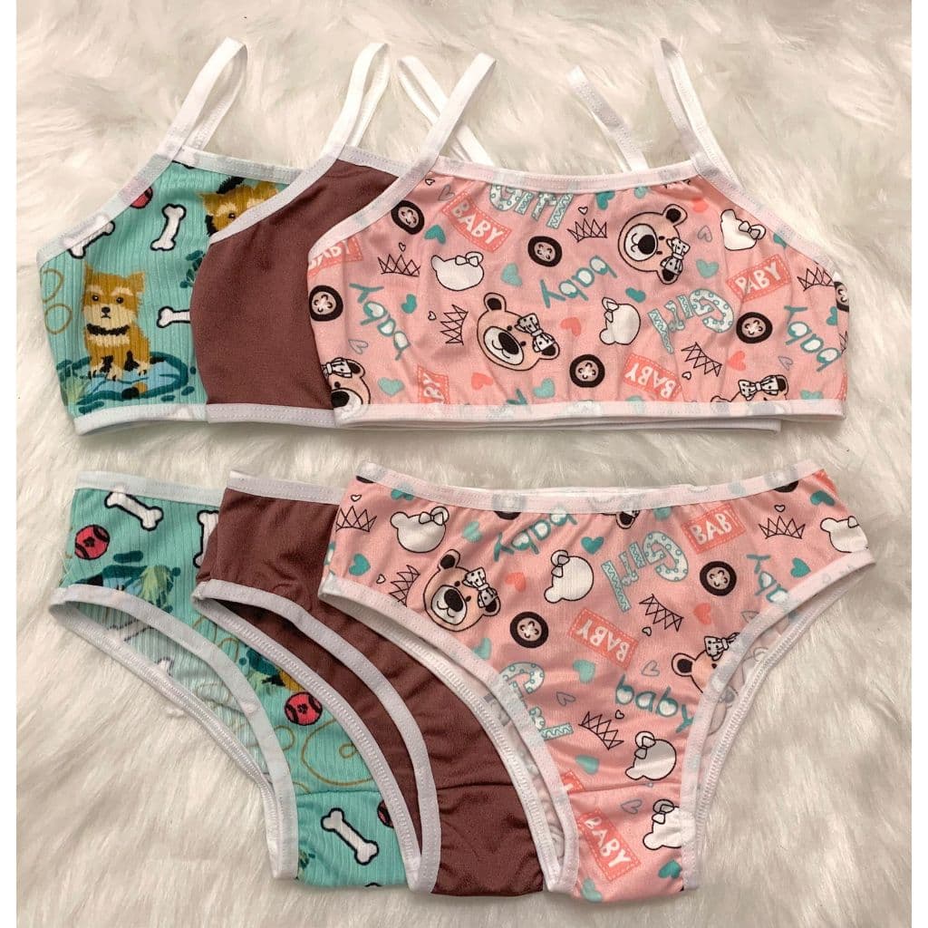 Kit 3 Conjuntos Infantis Menina Moça Top e Calcinha - Suede Estampado (1 a 12 anos)