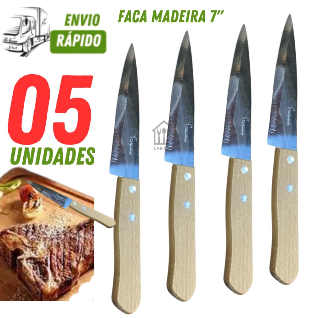 Kit com 04/03/02/01 Facas de Cozinha Cabo Madeira Profissional Nº7" de Aço Faca de Qualidade e Corte