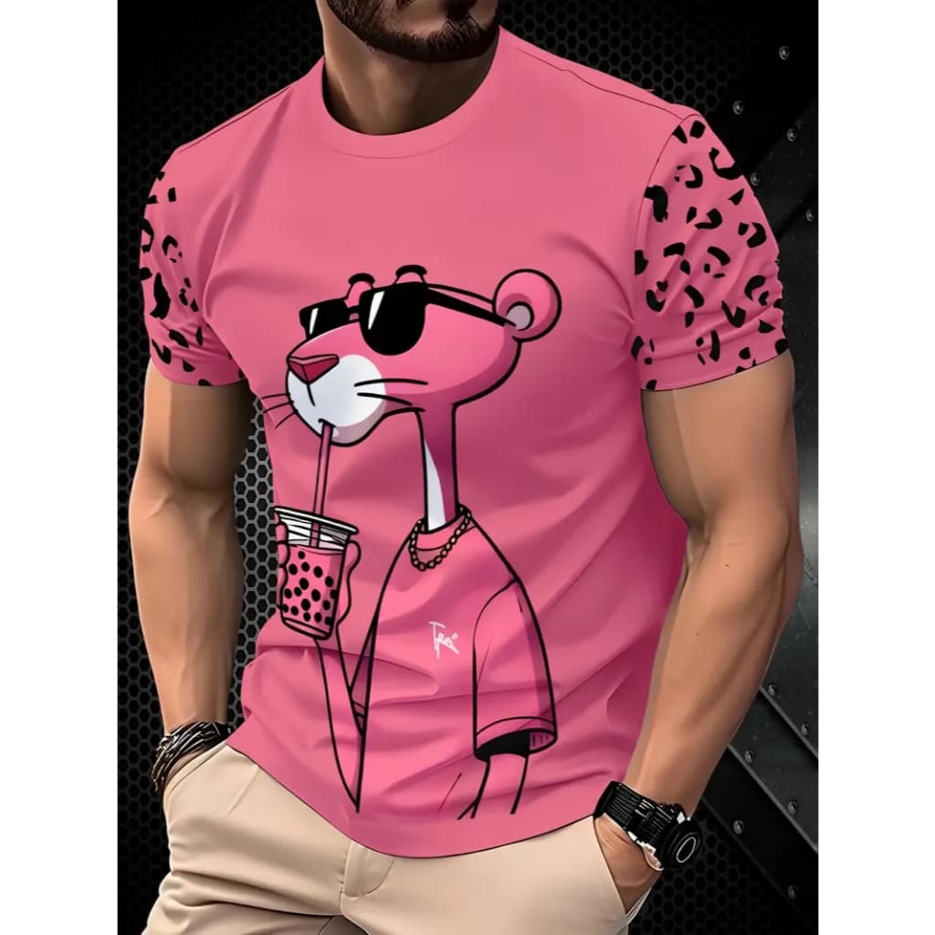 Camiseta Masculina Rosa Brilhante - Estampa Divertida do Pantera Cor-de-Rosa, Gola Redonda Regular