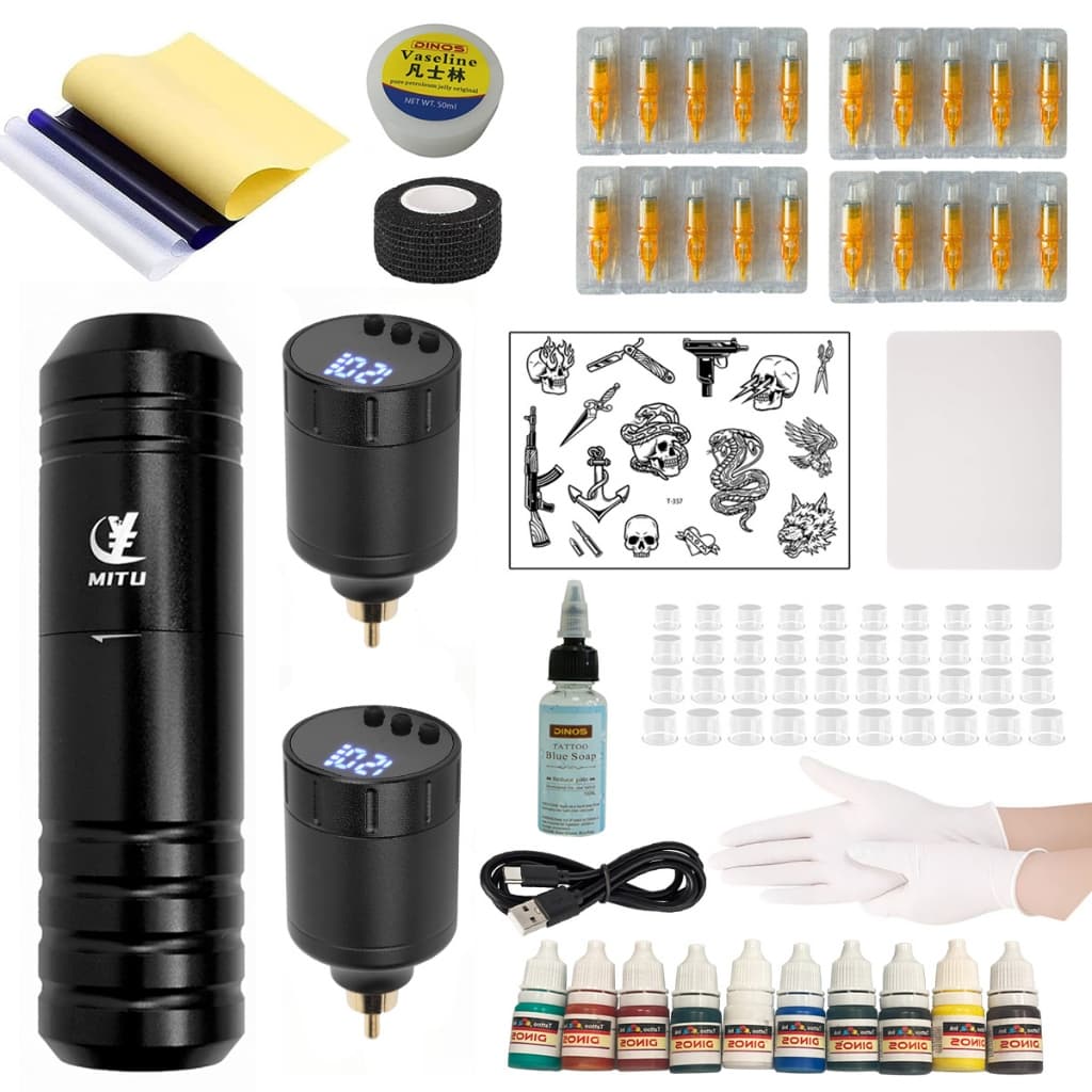 MITU Kit Tatuagem Sem Fio Completo Máquina Pen com 2 Baterias Digitais e Acessórios
