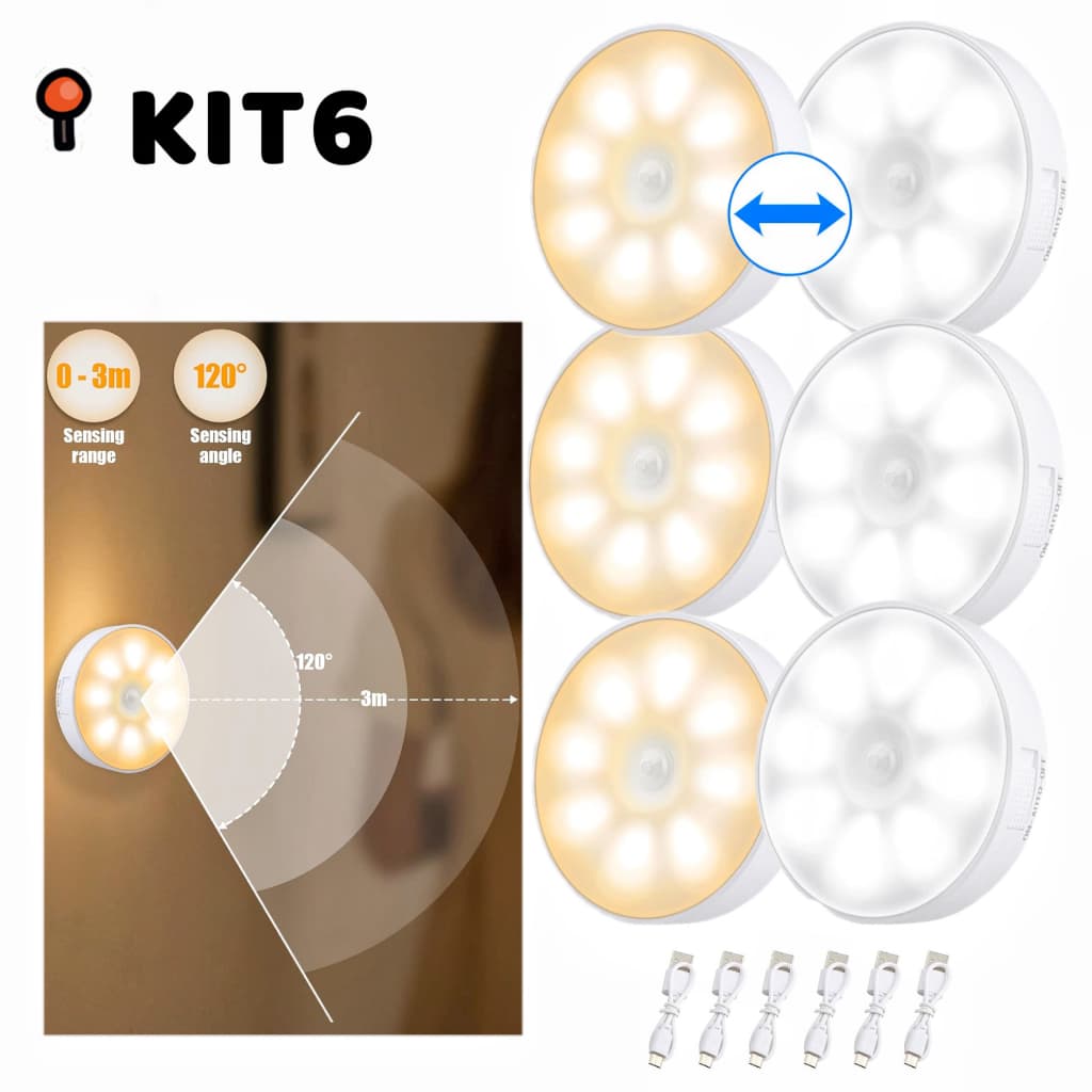 Luz Noturna LED Luminaria Sensor De Presença e Movimento USB Luz Noturna Inteligente Sem Fio KIT1-6