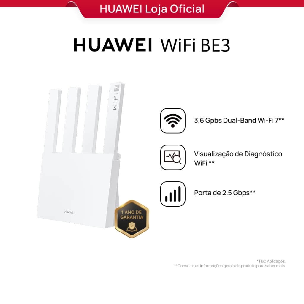 HUAWEI WiFi BE3 | Roteador | 3.6 Gpbs Dual-Band Wi-Fi 7 | Porta de 2.5 Gbps