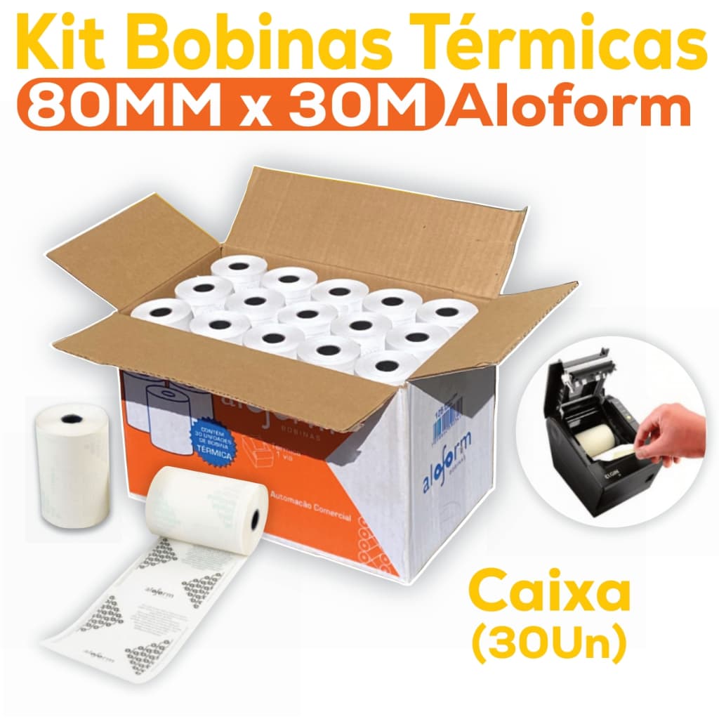 Bobina Térmica 80x30 Aloform Caixa com 5/10/30 Rolos  Papel Cupom Fiscal Branca Pdv impressora