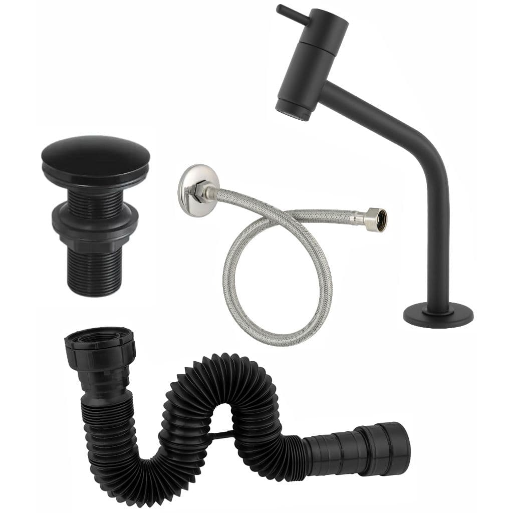 Kit de Banheiro em Metal Torneira Bancada Link Baixa Válvula click 7/8 Preto Sifão Engate 40CM