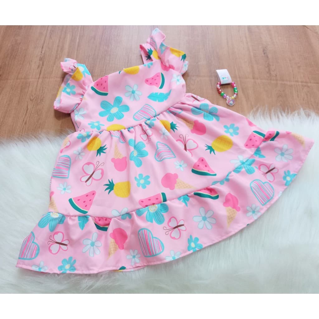 Vestido Infantil Estampado Menina Com Babado Festa Verão Passeio( 2  à 4 Anos)