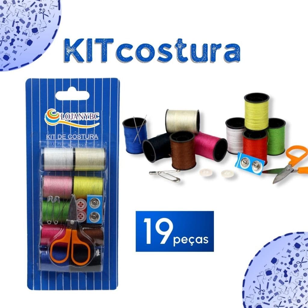 Kit de Costura 19 Peças Completo Portátil com Linhas Coloridas, Tesoura, Agulhas e Botões - MN